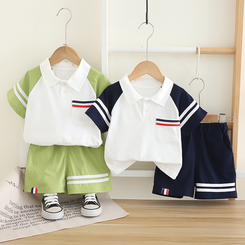 Polo Short Sleeve Shirt with Striped Details and Green Shorts Set