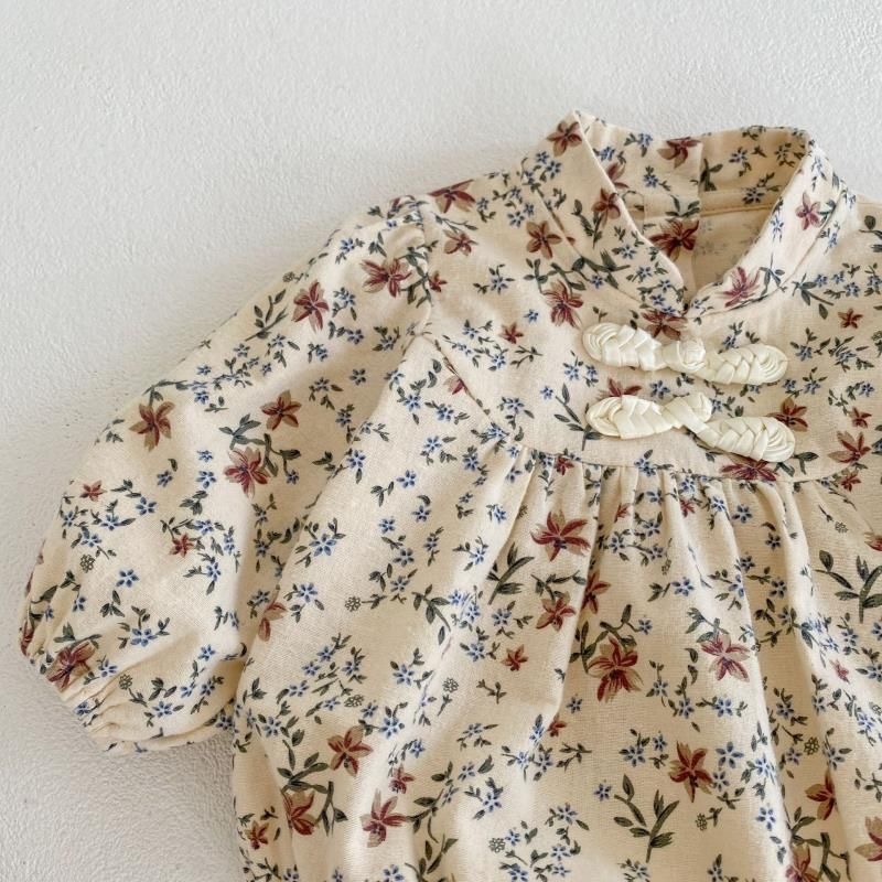 Baby Girl Cheongsam Buckle Overall Floral Puff-sleeve Long Sleeve Simple and Fresh Bodysuit