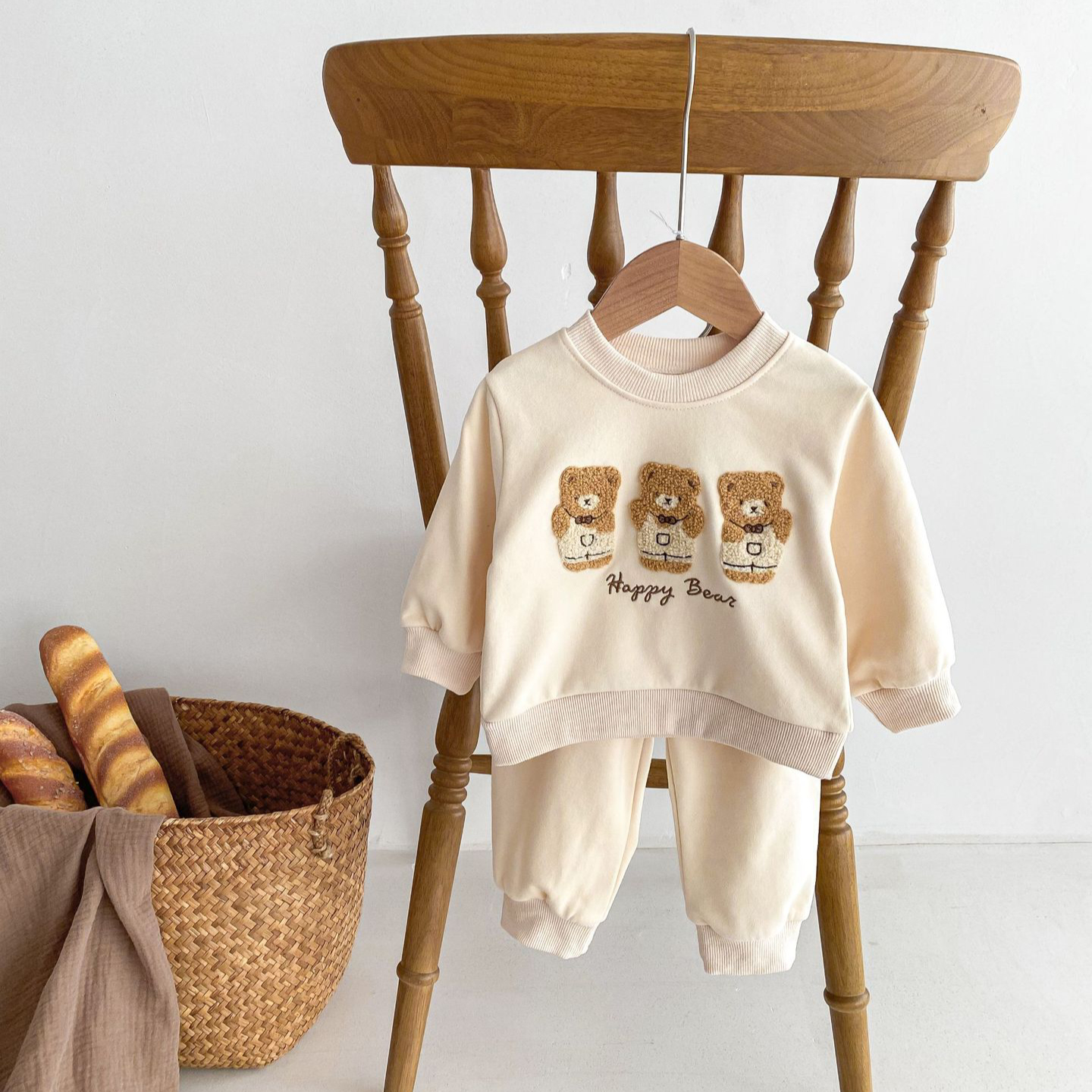 2pcs Baby Boy/Girl Bear Embroidered Long Sleeve Sweatshirt with Pants Set-kissminis