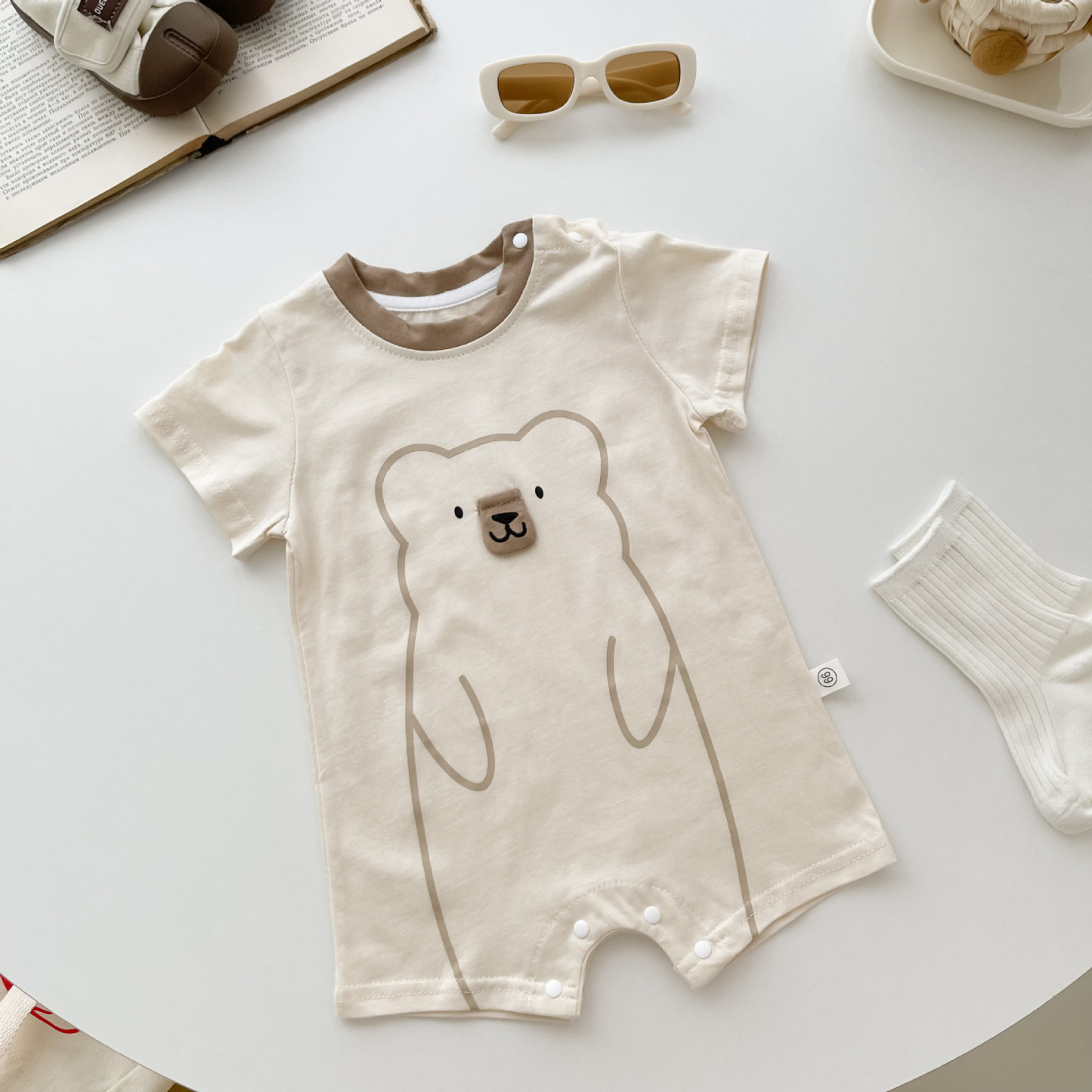 Baby Bear Pattern Solid Color Short Sleeve Romper-kissminis