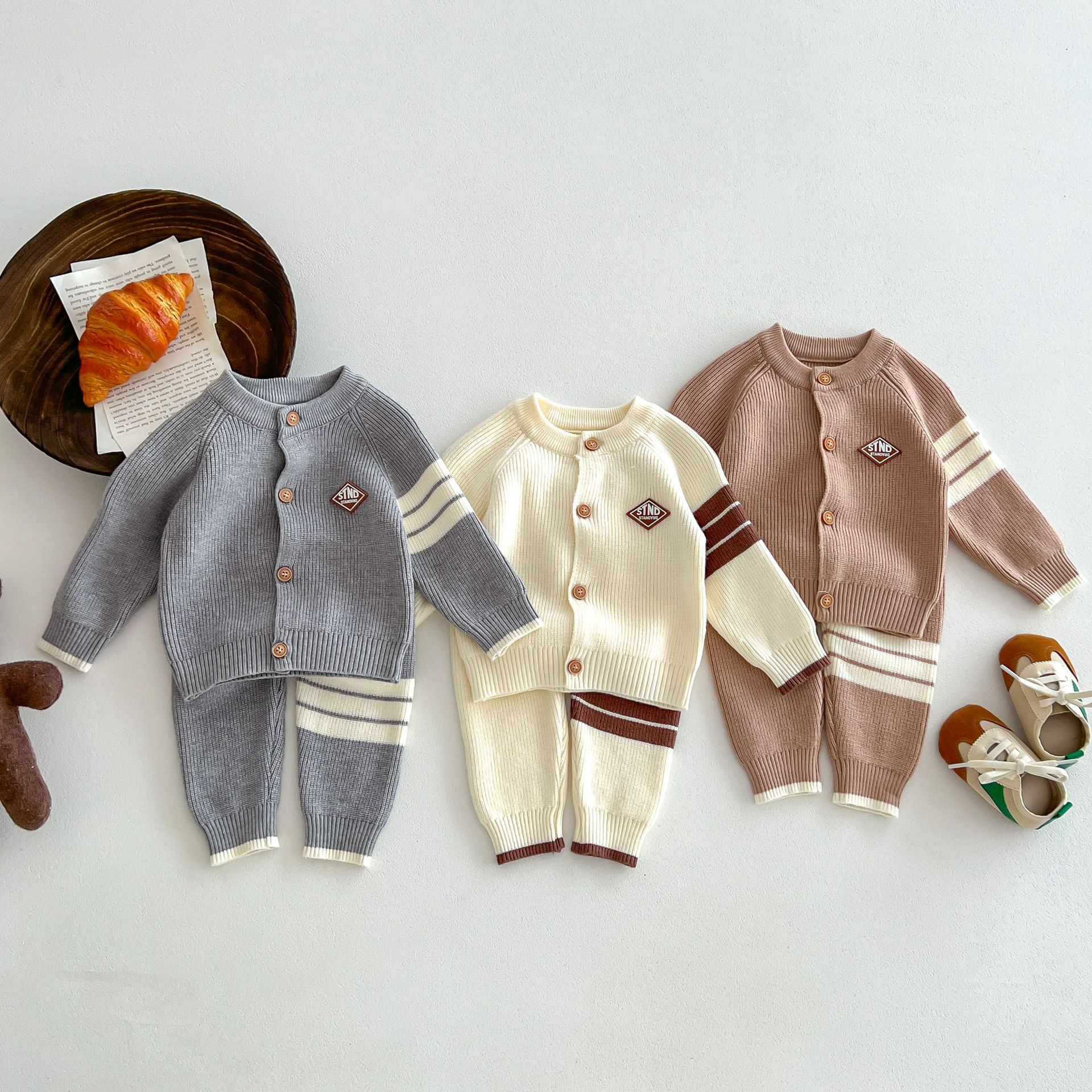 2pcs Baby Boy/Girl Stripe Graphic Knit Long Sleeve Cardigan and Pants Set-kissminis