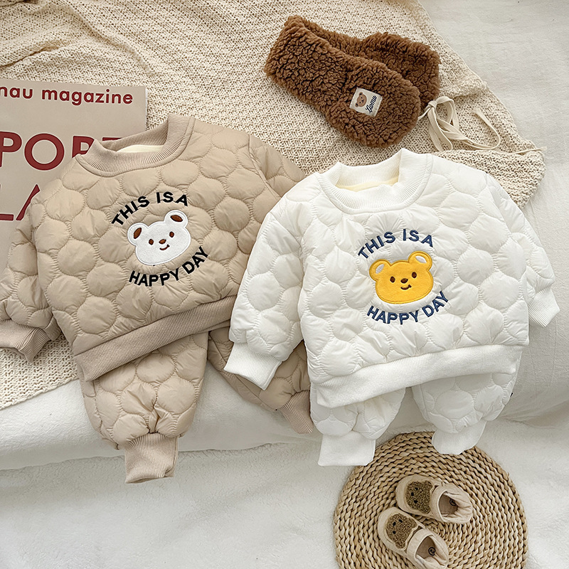 2pcs Toddler Boy/Girl Cute Bear and Letters Print Solid Color Long Sleeve Sweatshirt and Pants Set-kissminis