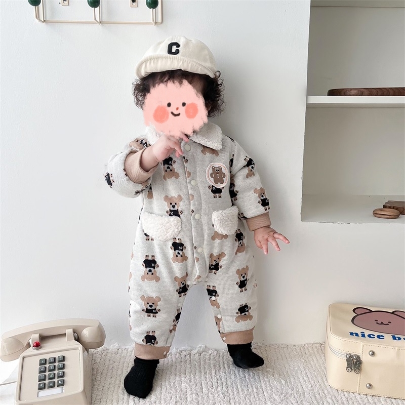 Baby Boy/Girl Winter Polo Collar Allover Bear Print Long Sleeve Fluff Romper-kissminis