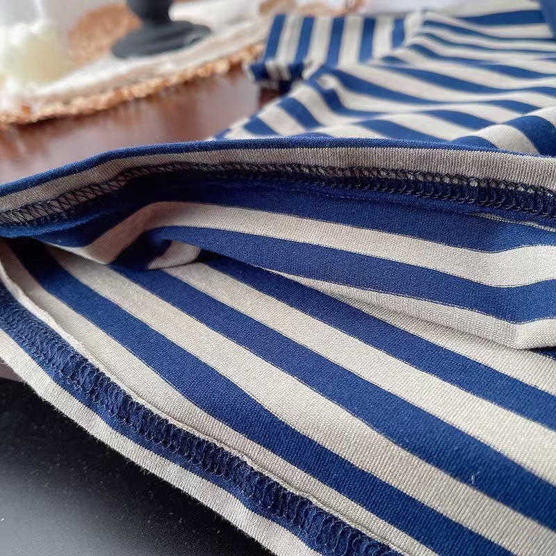 Navy and Beige Striped Polo Short Sleeve Shirt and Brown Shorts Set