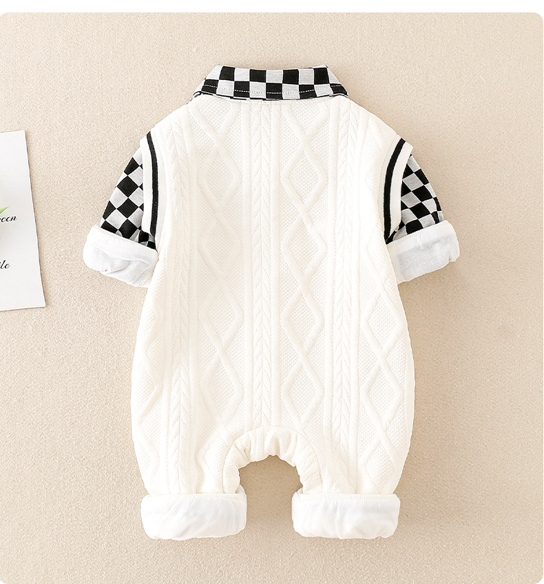 Mock Two-pieces Baby Boy Bear Print Plaid Bow Tie Collar Romper