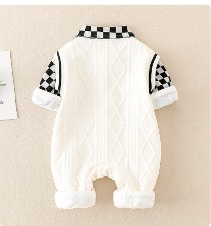 Mock Two-pieces Baby Boy Bear Print Plaid Bow Tie Collar Romper