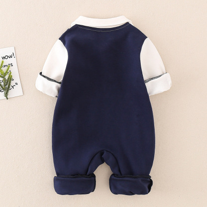 Mock Two-pieces Baby Boy Gentleman Bow Tie Long Sleeve Casual Rompe