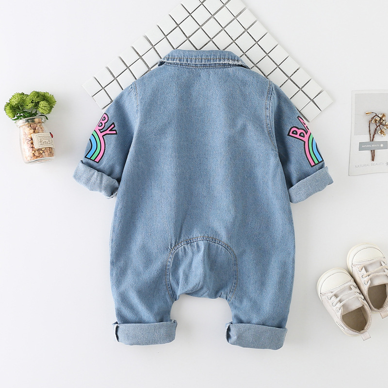 Baby Rainbow and Giraffes graphics Denim Polo Collar Romper-kissminis