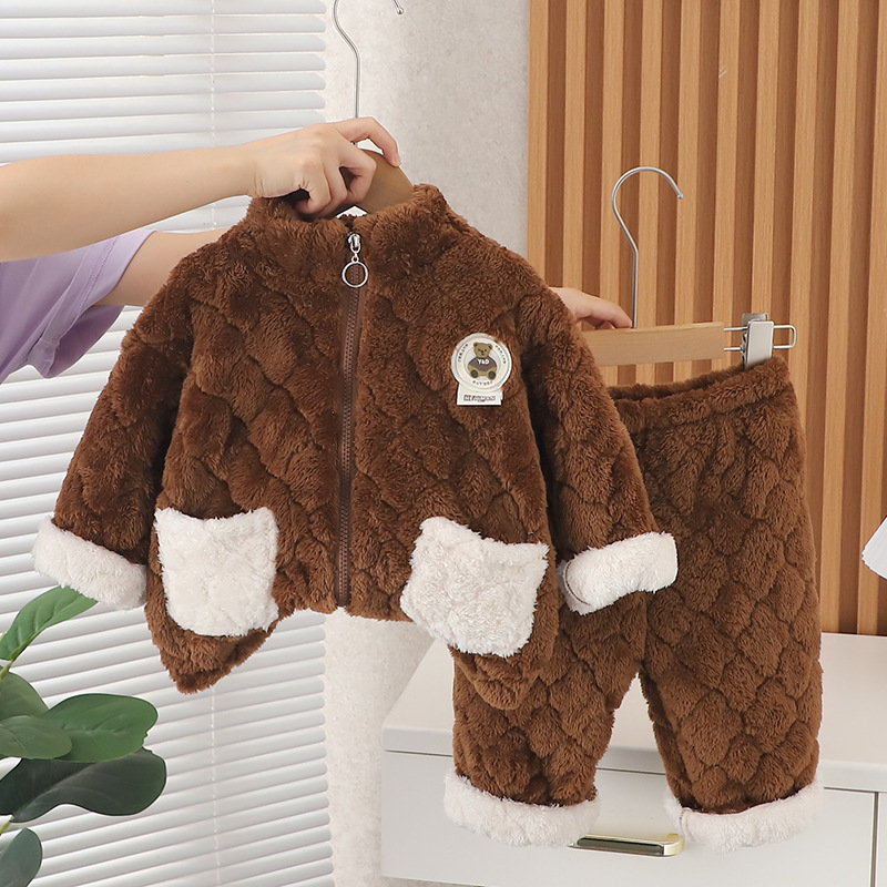 2pcs Baby Boy/Girl Cute Bear Pattern Zipper Plush Pajamas Long Sleeves Sweatshirt and Pants Set-kissminis