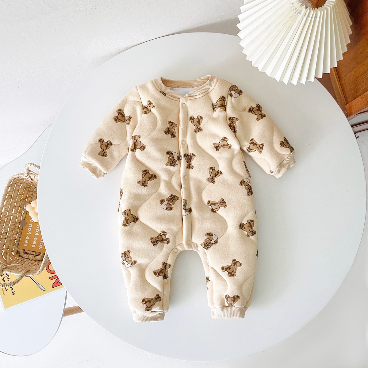 Baby Boy/Girl Allover Cute Bear Pattern Thicken Long Sleeve Romper-kissminis