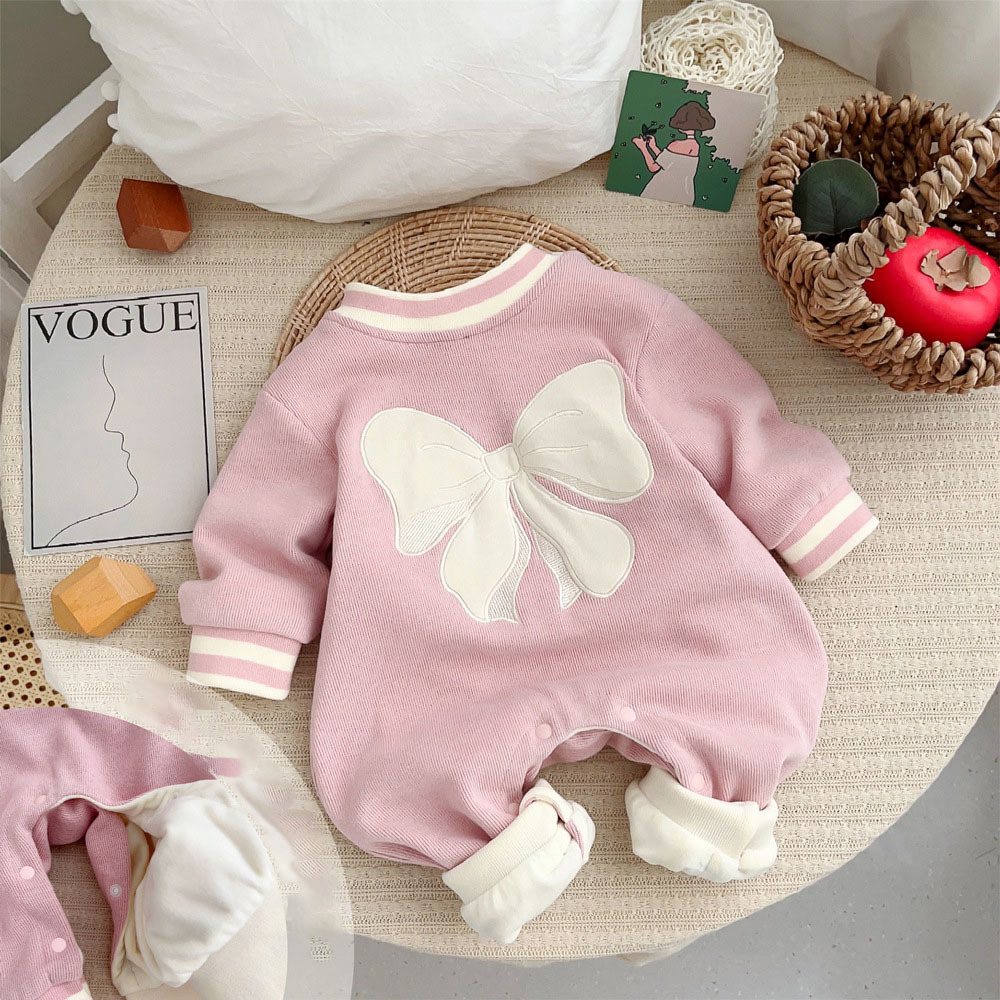 Baby Girl Super Cute Thickened Plush Butterfly Knot Pattern with Long Sleeve Romper-kissminis