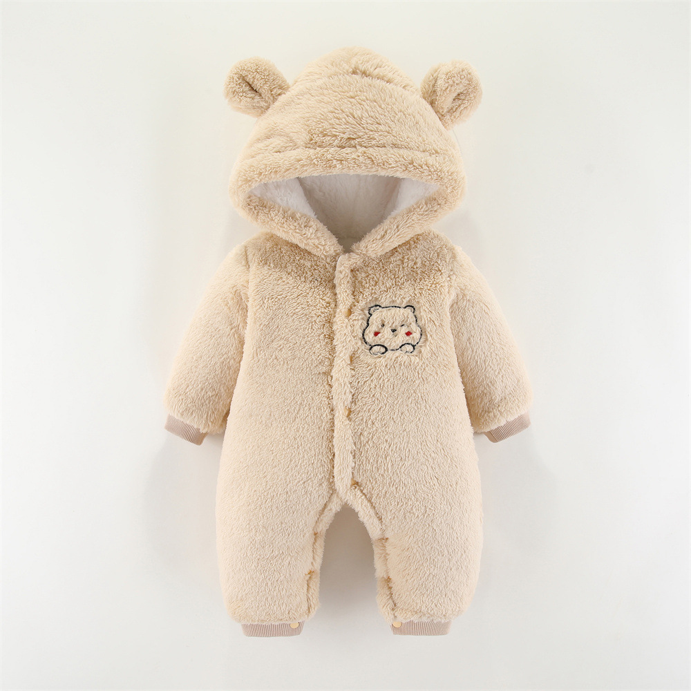Baby Boy/Girl Winter Thicken Bear Patch Long Sleeve Fluff Hooded Romper-kissminis