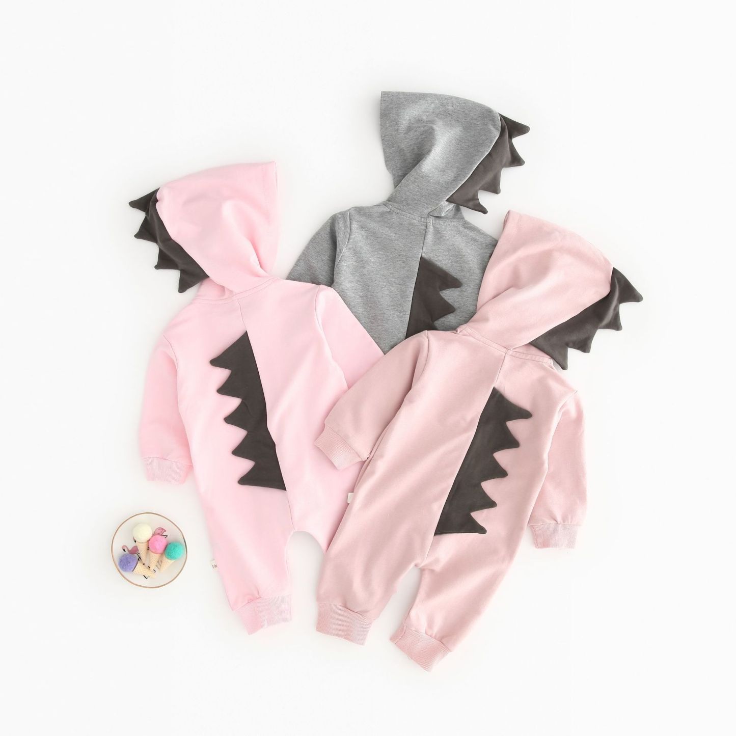 Baby Boy/Girl Solid Color Dinosaur Design Long Sleeve Hooded Romper-kissminis