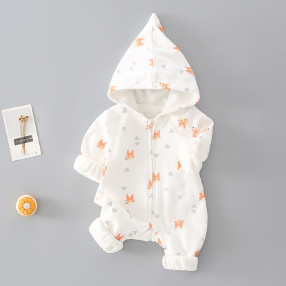 Baby Allover Fox Print Hooded Long Sleeve Romper-kissminis
