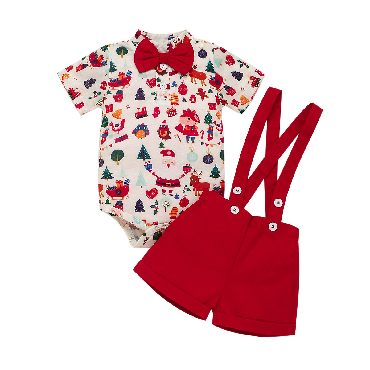 2pcs Baby Boy Christmas Cartoon Print Bow Tie Short Sleeve Romper with Bib Pants Set-kissminis