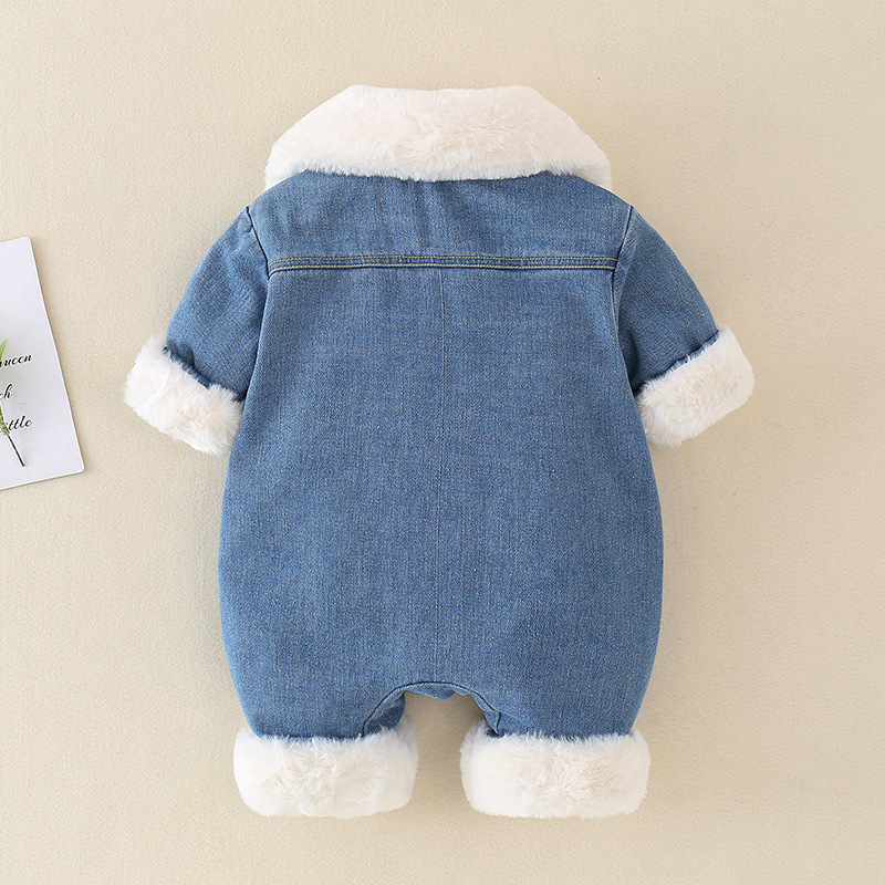 Baby Boy Winter Denim Single Breasted Long Sleeve Fluff Romper-kissminis