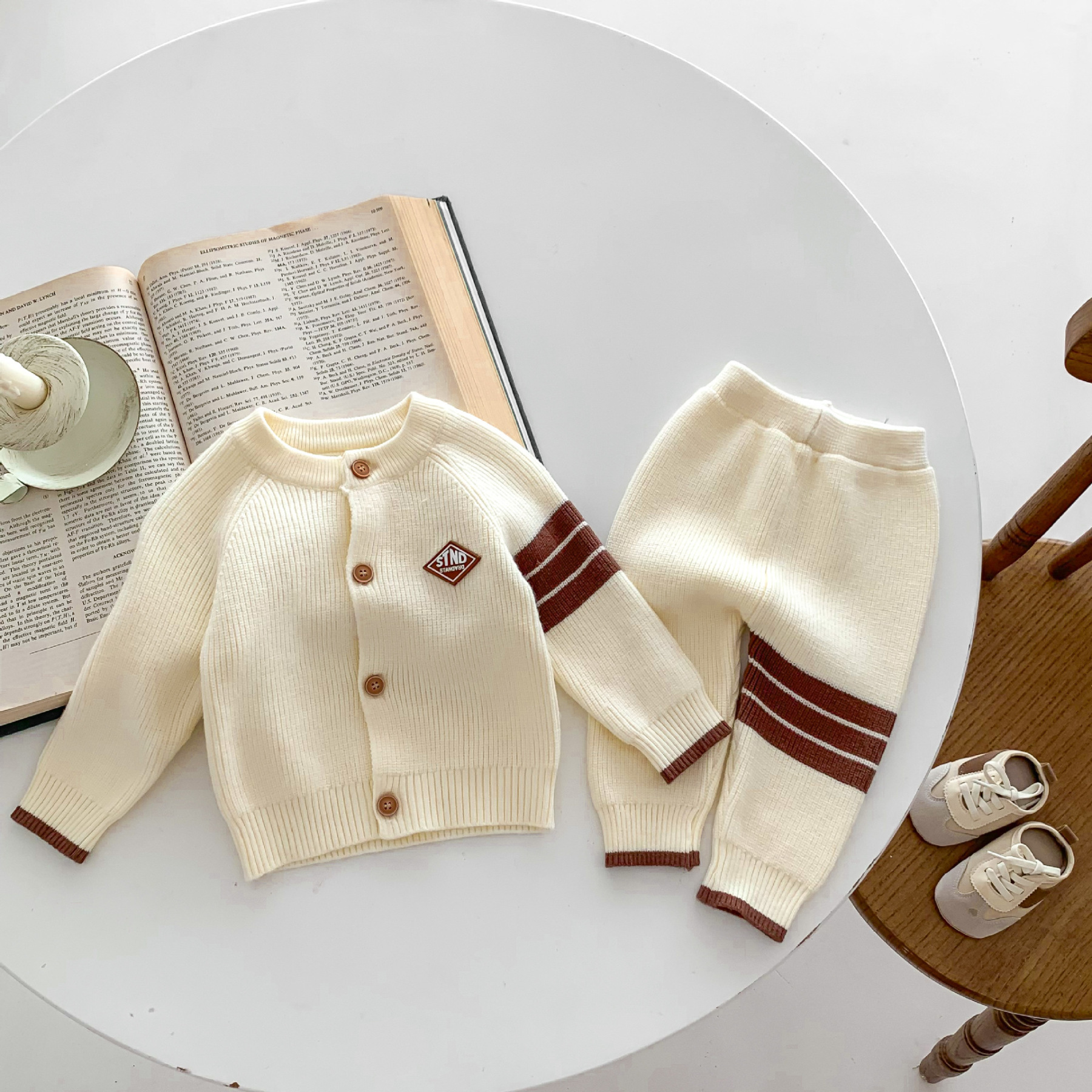 2pcs Baby Boy/Girl Stripe Graphic Knit Long Sleeve Cardigan and Pants Set-kissminis