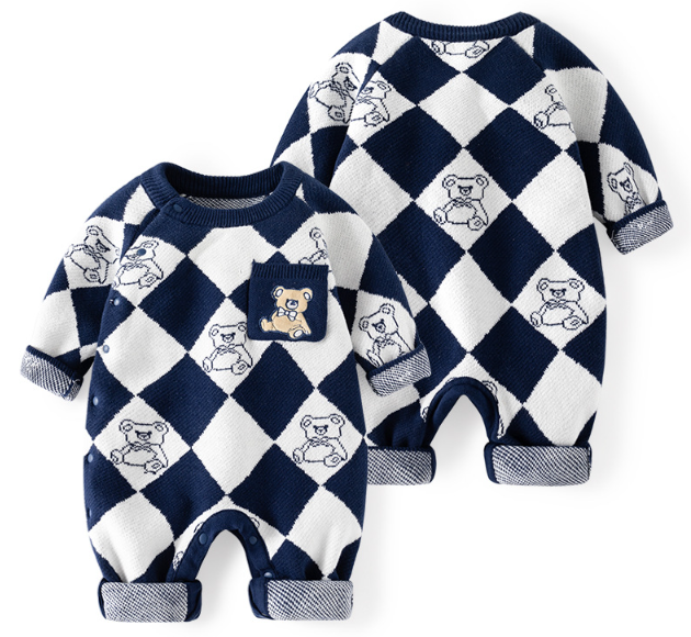 Baby Boy/Girl Allover Cute Bear Pattern Plaid Knitted Long Sleeve Romper-kissminis