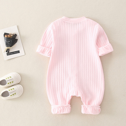 Newborn Baby Boy/Girl Ribbed Sailboat Patch Solid Color Botton Up Long Sleeve Romper