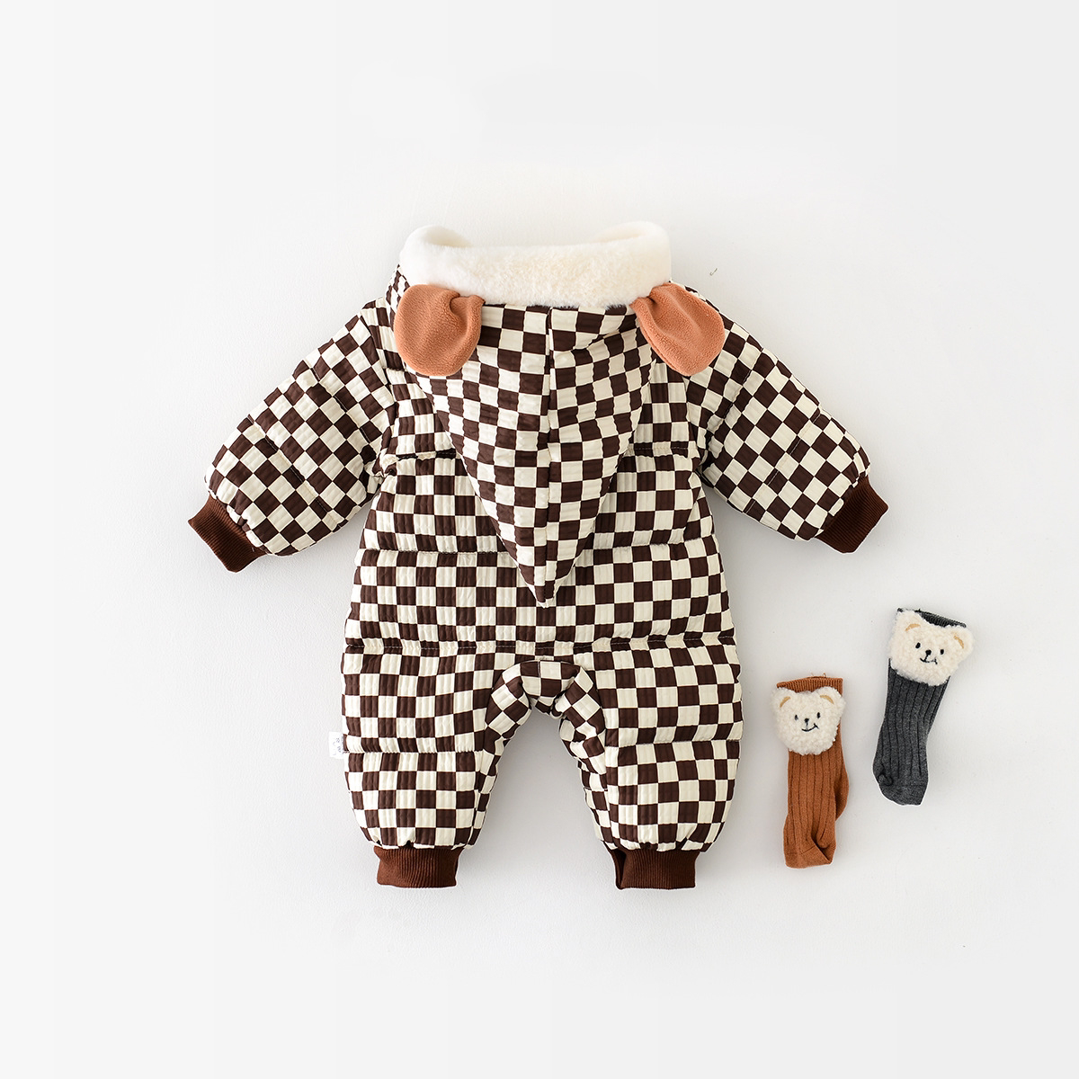 Baby Boy Winter Thicken Plaid Lion Graphic Long Sleeve Romper-kissminis