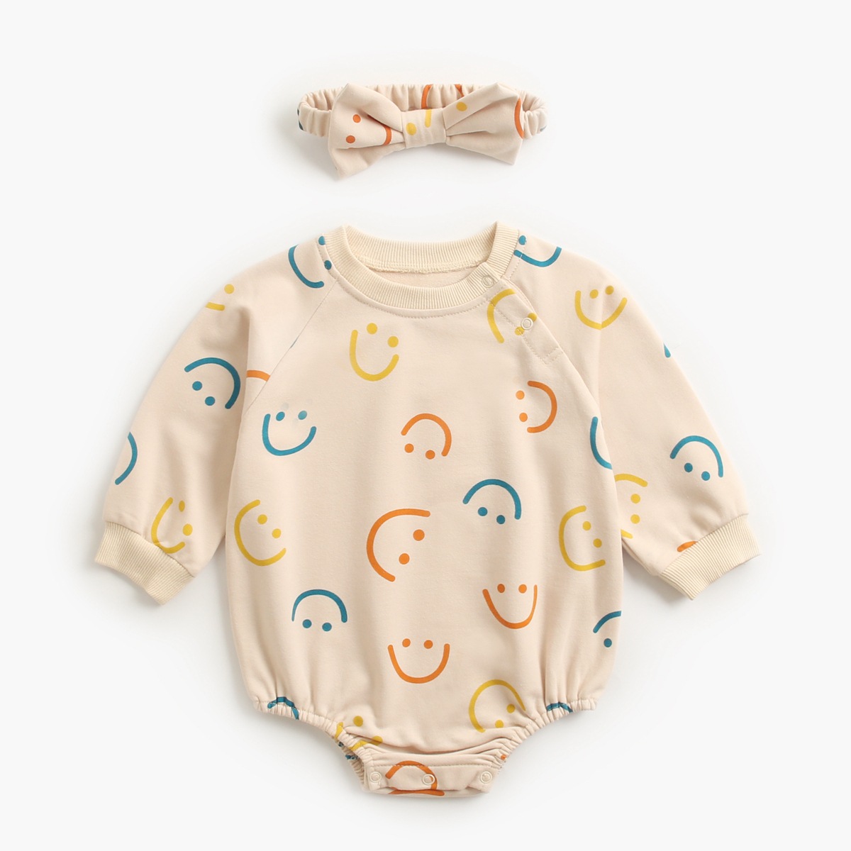 Baby Girl Allover Smile Face Pattern Single Breasted Long Sleeve Bodysuit-kissminis