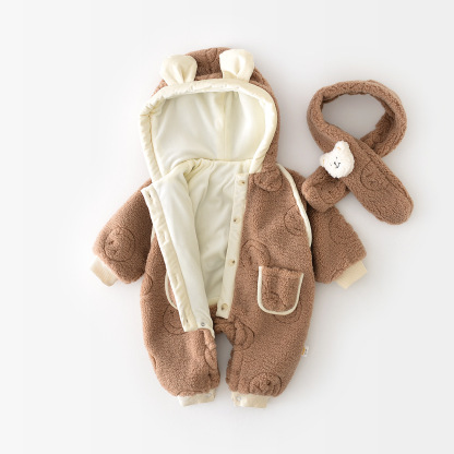 2pcs Baby Boy/Girl Winter Warm Brown Bear Fuzzy Romper with Doll Set-kissminis
