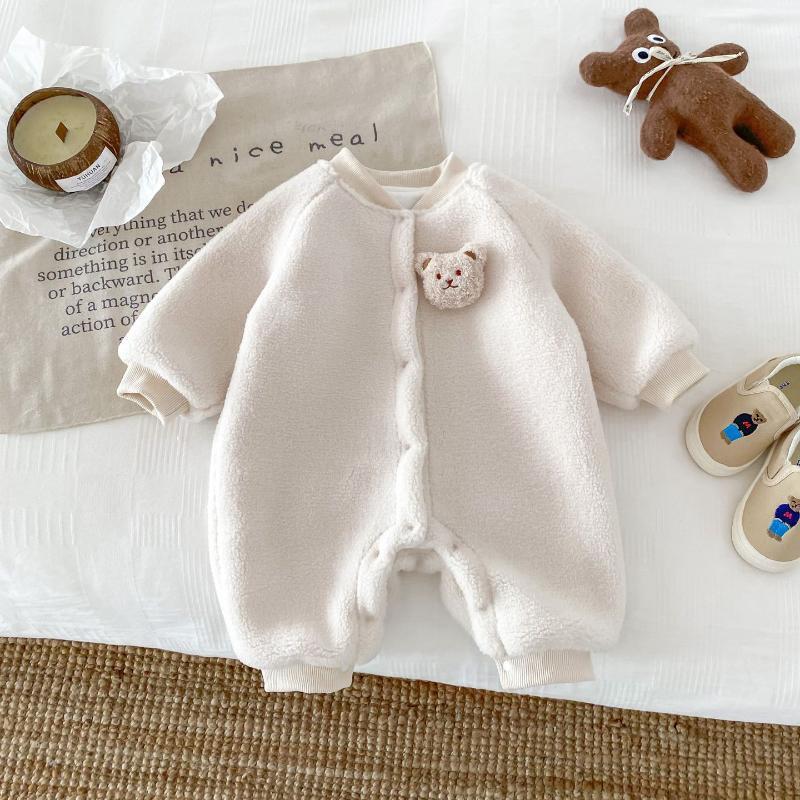 Winter FleeceBaby Boy/Girl Bear Design Solid Color Long Sleeve Romper-kissminis