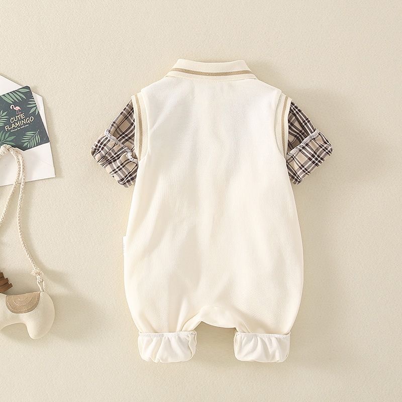 Baby Boy/Girl Fake Two Piece 3D Bear Design Solid Color Striped Long Sleeve Romper-kissminis
