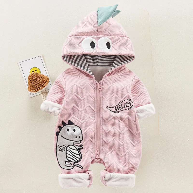 Baby Boy/Girl Winter Dinosaur Pattern Long Sleeve Hooded Romper-kissminis