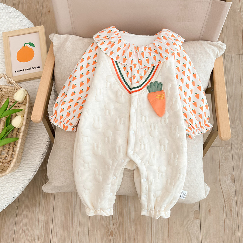 Baby Girl Cute Carrot and Allover Rabbit Pattern Fake Two Pieces Long Sleeve Romper-kissminis
