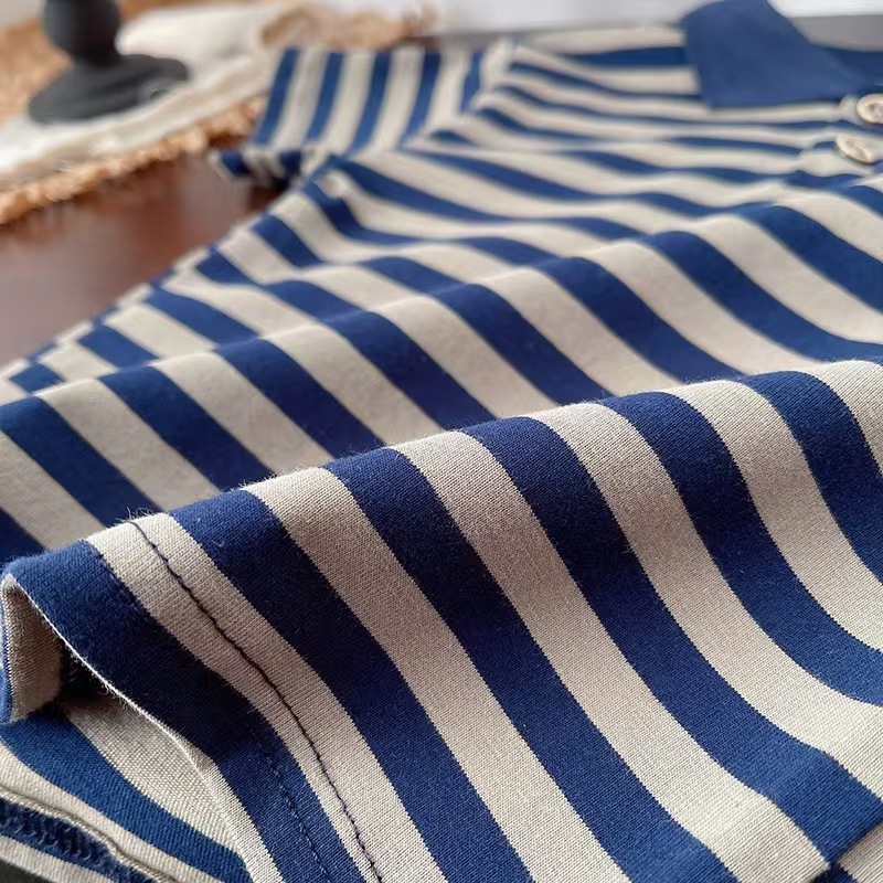 Navy and Beige Striped Polo Short Sleeve Shirt and Brown Shorts Set