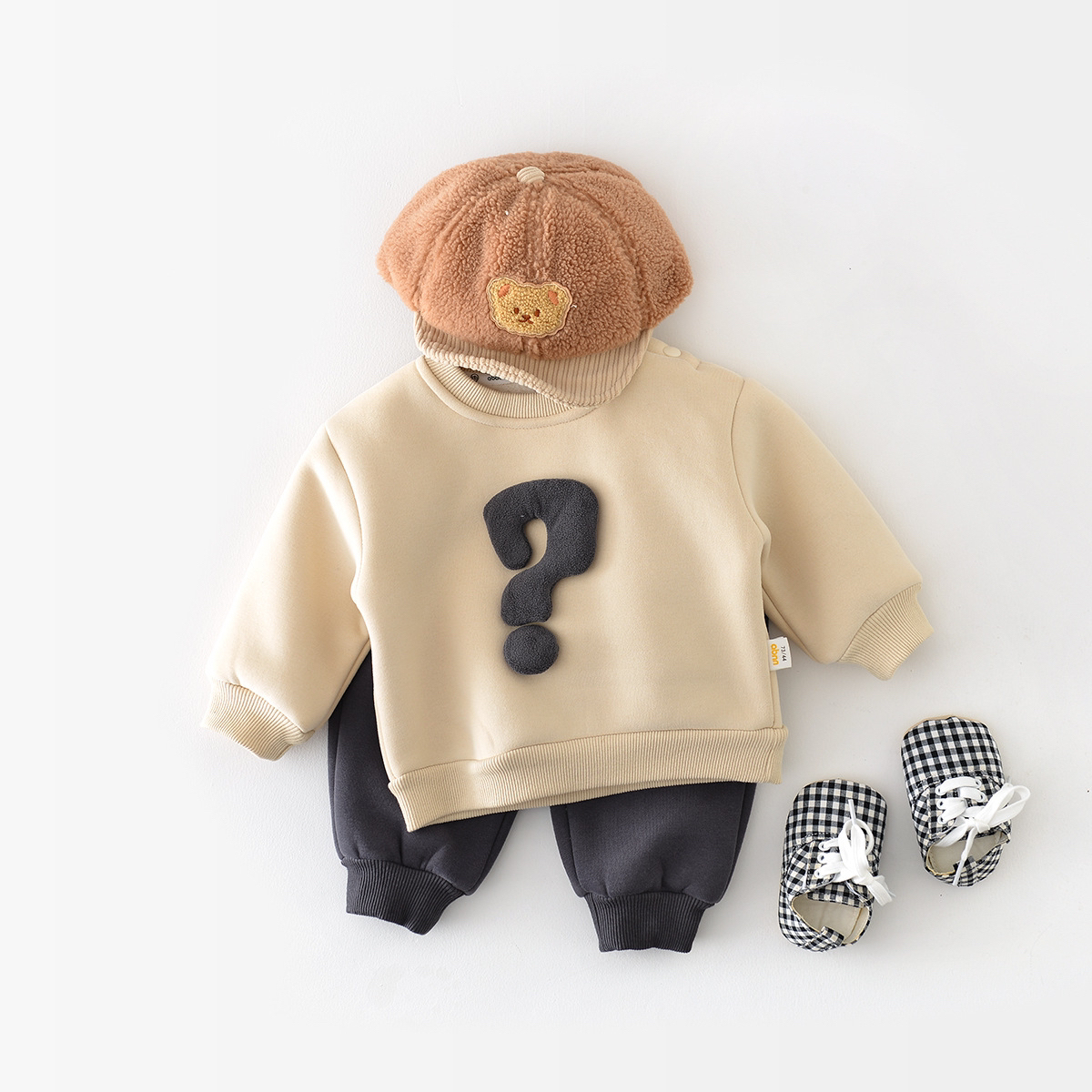2pcs Baby Boy Winter Thicken Question Mark Graphic Long Sleeve Sweatshirt with Pants Set-kissminis