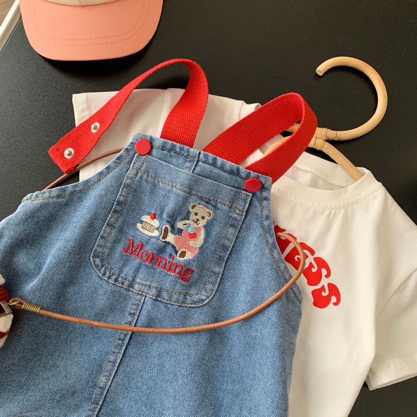 Baby Toddler Girl Block Color Suspender Pocket Embroideried Bear Denim Drress & Casual Large Rabbit Print T-shirt Set