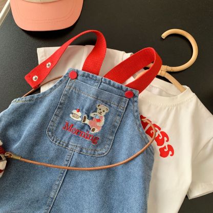 Baby Toddler Girl Block Color Suspender Pocket Embroideried Bear Denim Drress & Casual Large Rabbit Print T-shirt Set