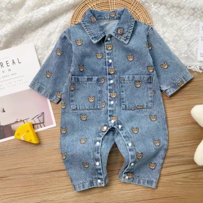 Baby Boy Allover Bear Print Polo Collar Pocket Decor Long Sleeve Botton Up Casual Denim Romper