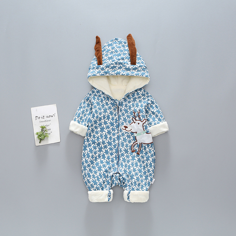 Baby Boy/Girl Allover Star and Elk Pattern Cotton Hooded Romper-kissminis