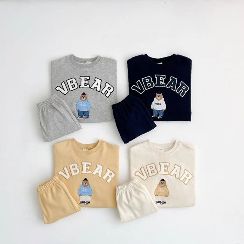 2pcs Toddler Boy/Girl Cute Bear and Letters Print Solid Color Long Sleeves Sweatshirt and Pants Set-kissminis