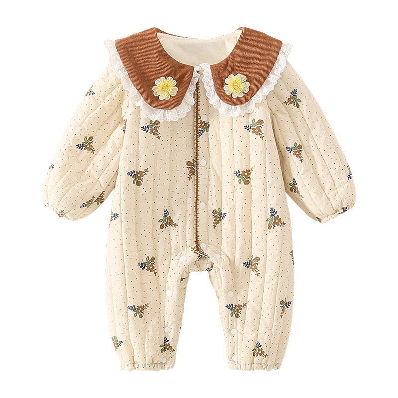 Baby Boy & Girl Dotted with Fowers Graphic Long Sleeve Romper-kissminis