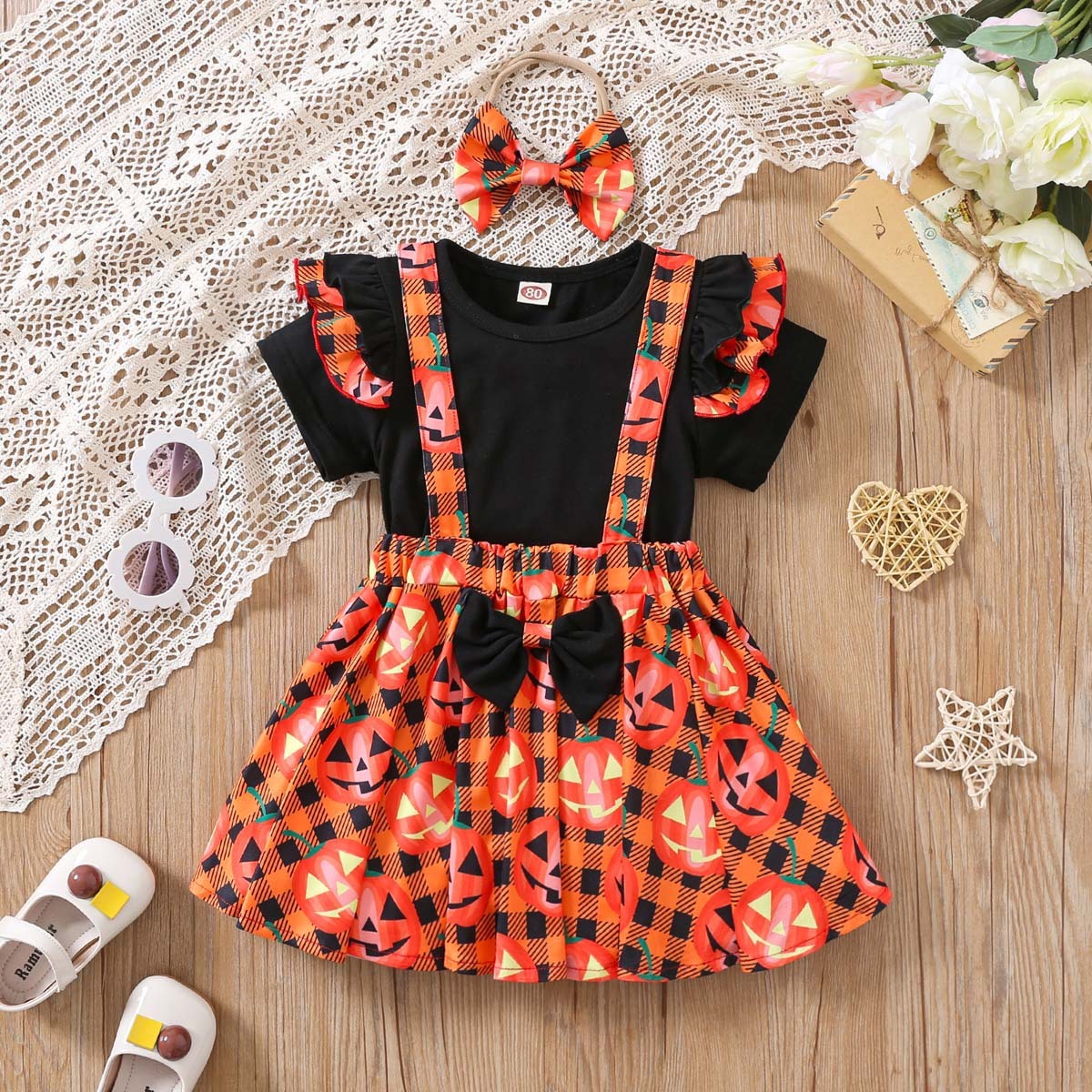 3pcs Newborn Baby Girl Halloween Christmas Plaid Graphic Bowknot Short Sleeve Top with Pleated skirt and Hairband Set-kissminis