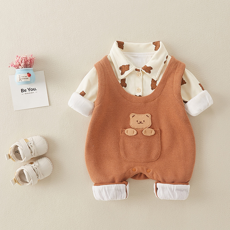 Baby Boy/Girl Allover Bear Graphics Mock Two-pieces Long Sleeve Romper-kissminis