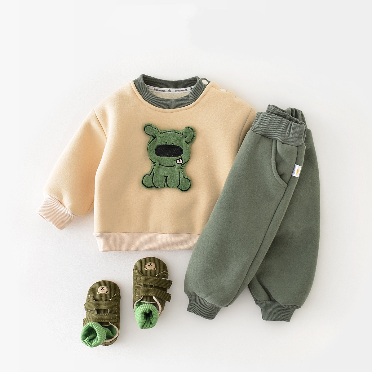 2pcs Baby Boy/Girl Winter Thicken Dog Graphic Long Sleeve Sweatshirt with Pants Set-kissminis