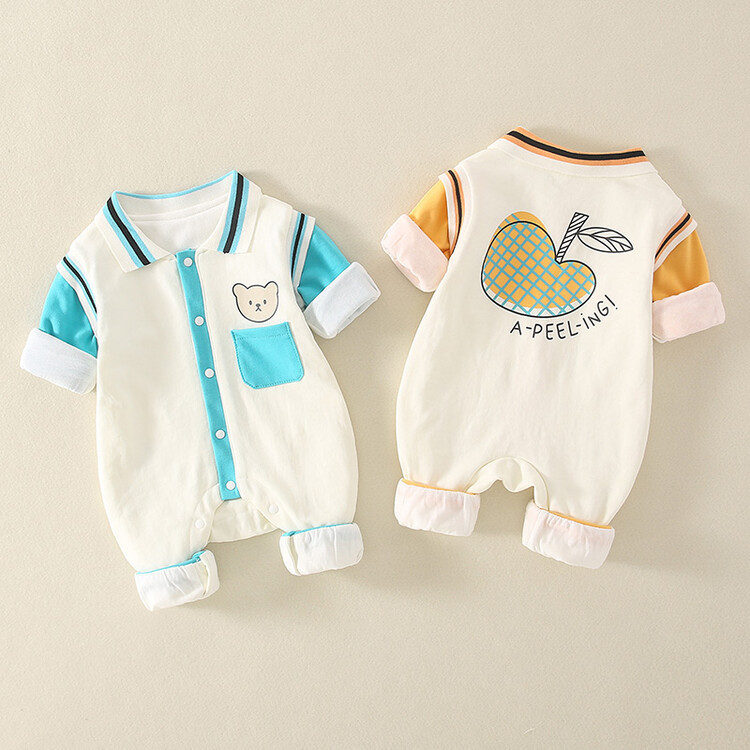 Newborn Baby Boy & Girl Apple Graphic Bear Print Thick Long Sleeve Romper-kissminis