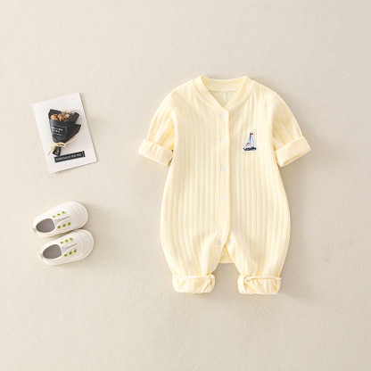 Newborn Baby Boy/Girl Ribbed Sailboat Patch Solid Color Botton Up Long Sleeve Romper