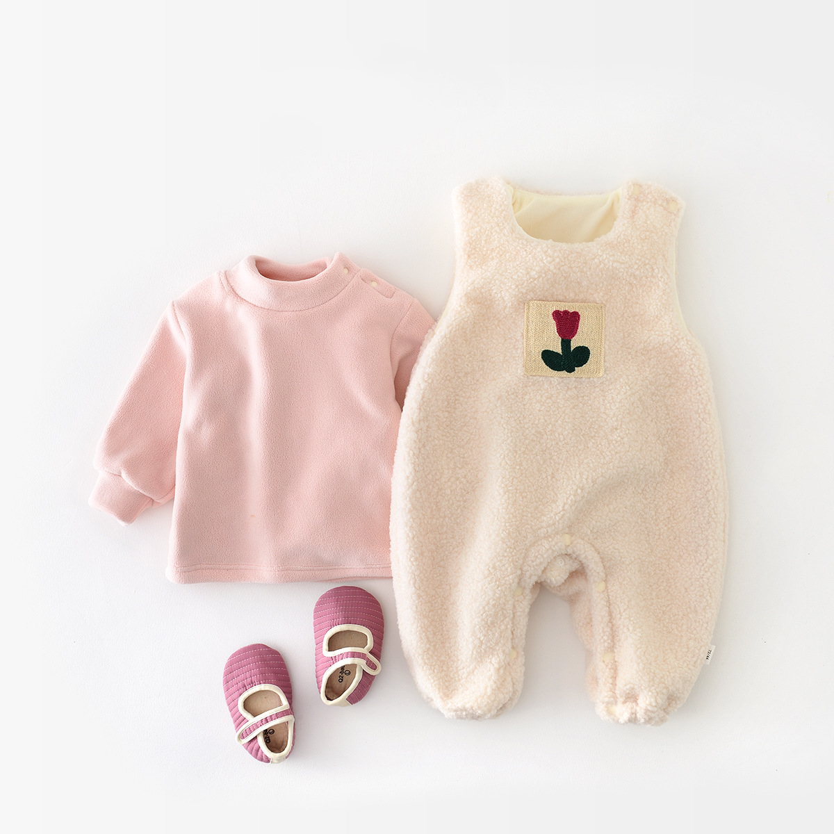 2pcs Winter Thicken Baby Girl Solid Color Floral Pattern Overalls Romper and Sweatshirt Set-kissminis