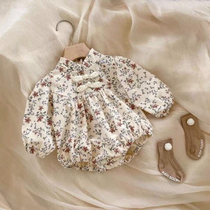 Baby Girl Cheongsam Buckle Overall Floral Puff-sleeve Long Sleeve Simple and Fresh Bodysuit