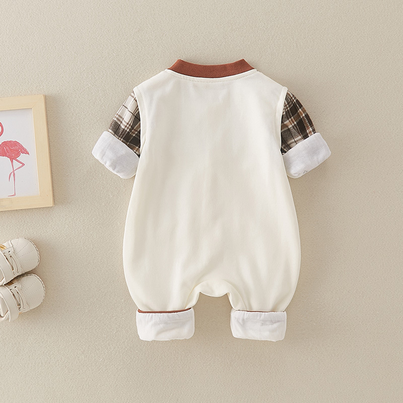 Baby Boy Gentle Ginghem Mock Two-pieces Long Sleeve Romper-kissminis
