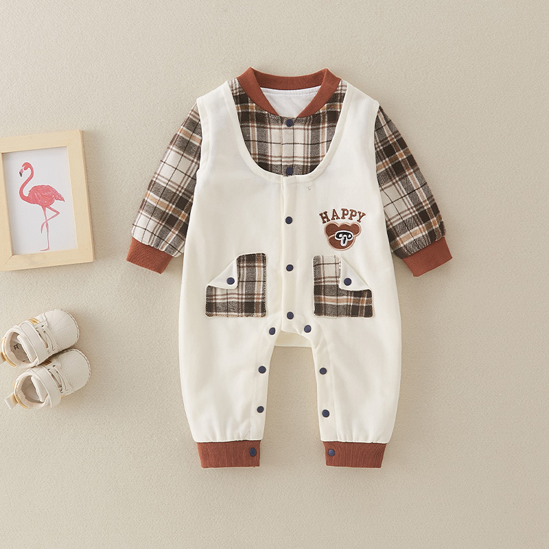 Baby Boy Gentle Ginghem Mock Two-pieces Long Sleeve Romper-kissminis