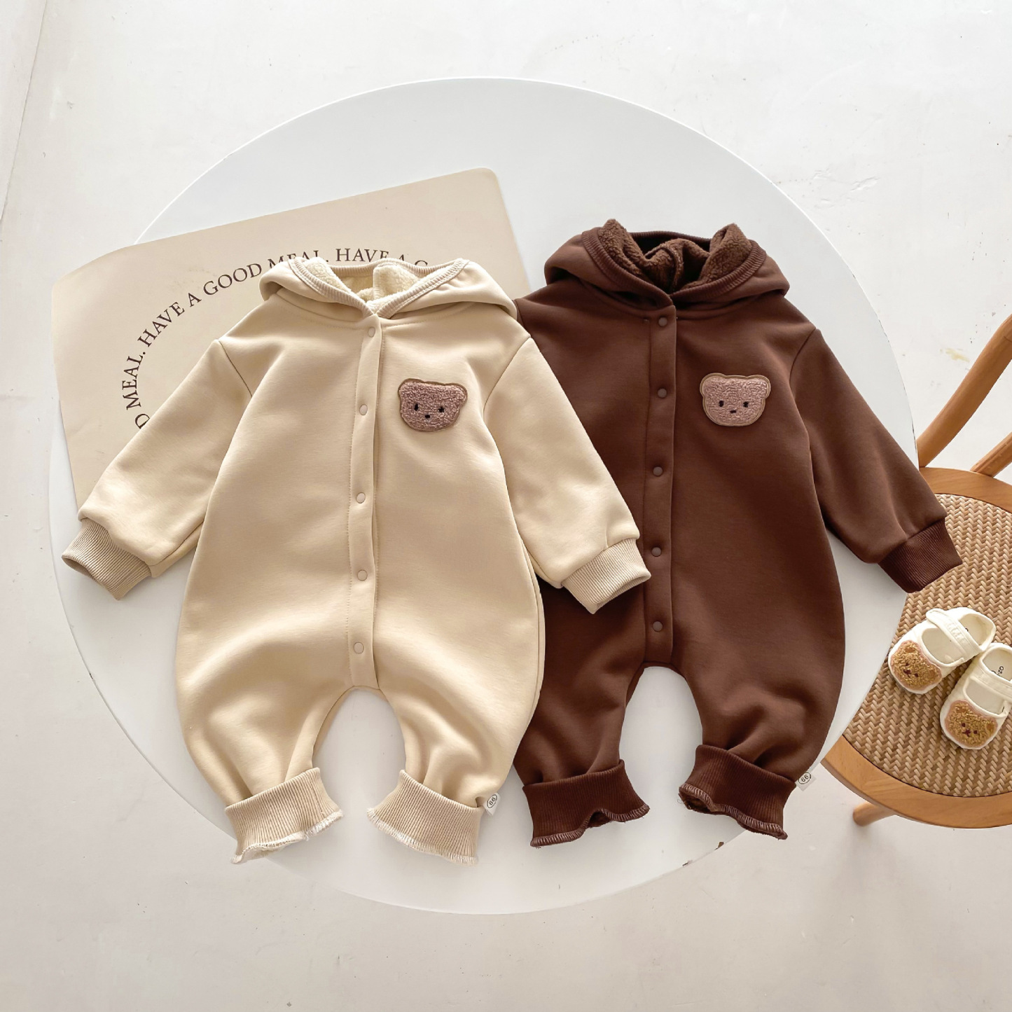 Baby Boy/Girl Bear Design Animal Graphic Simple Hooded Solid Color Long Sleeve Hooded Romper-kissminis