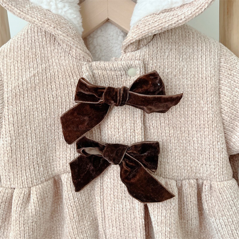 Baby Girl Winter Bowknot Design Long Sleeve Thicken Fluff Hooded Romper-kissminis