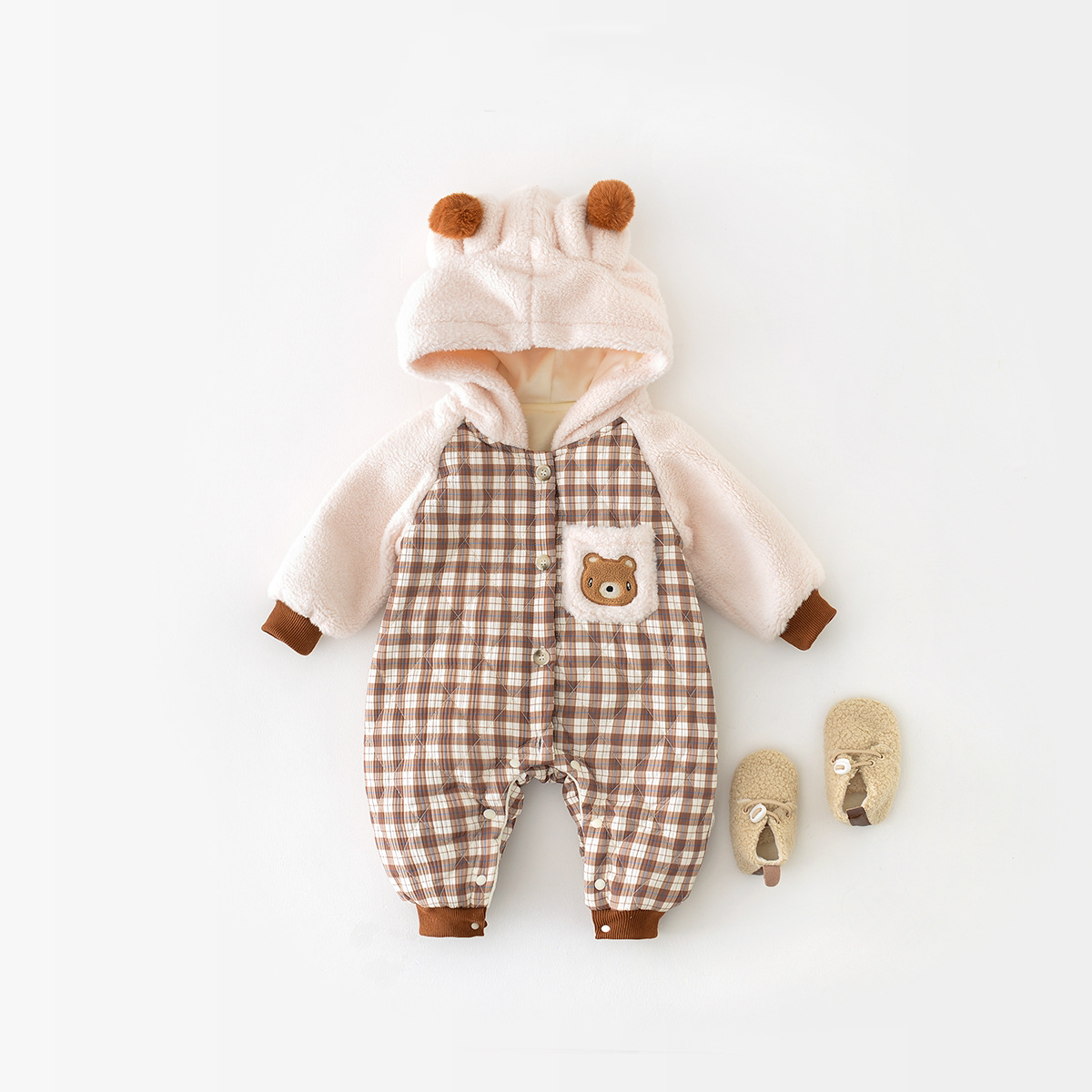 Baby Boy/Girl Bear Plaid Graphic Long Sleeve Romper-kissminis